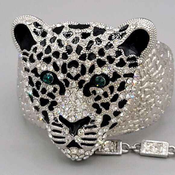 Large Leopard Head Rhinestone Bracelet Stretch Ring Set Hinged Green Crystal Eye - Picture 3 of 12